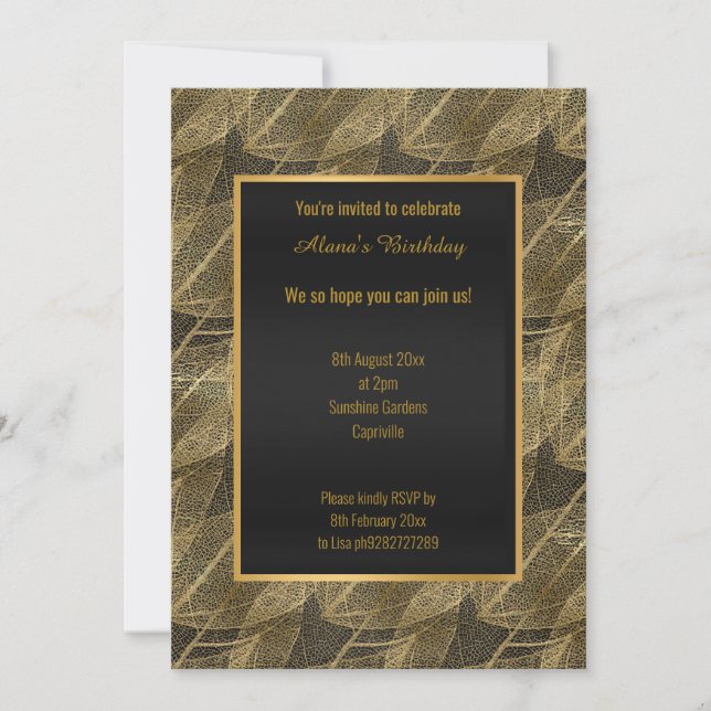 MODERN ELEGANT GOLD LEAF BLACK ALL OCCASION INVITATION (Front)