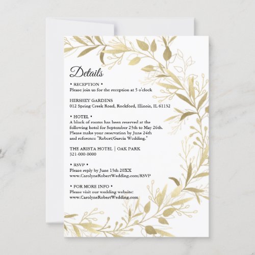 Modern Elegant Gold Leaf Wedding Details Invitatio Invitation