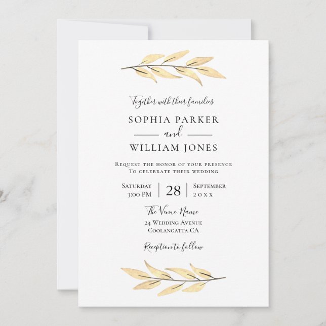 Modern Elegant Gold Leaf Wedding Invitation (Front)