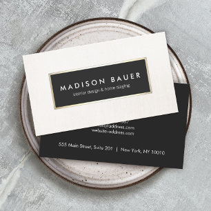 Modern Elegant Gold Lined Black and Beige Linen Business Card