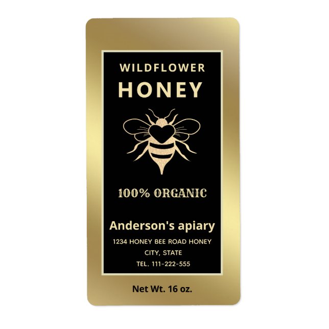 Modern elegant gold logo honeybee honey jar label (Front)