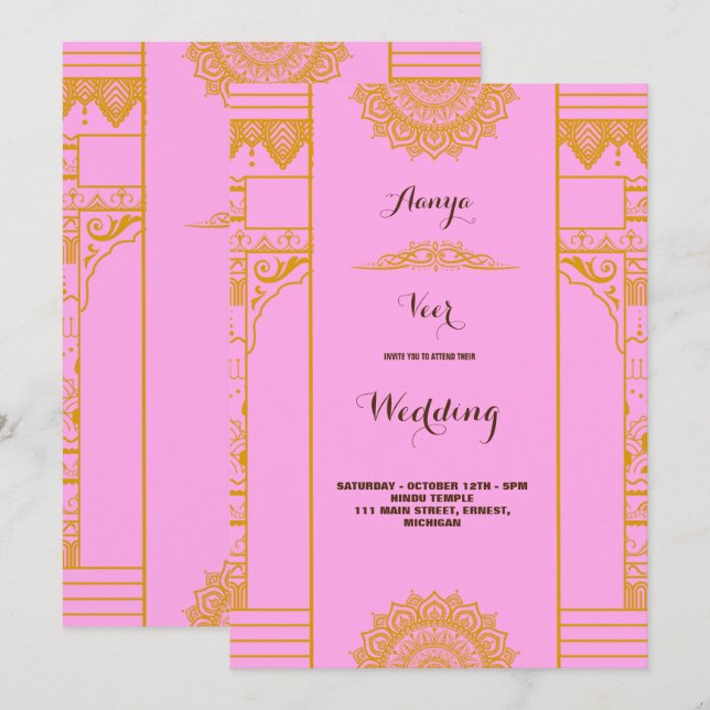  modern Elegant  gold mandala Wedding  pink  Invitation (Front/Back)