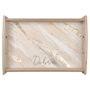 Modern Elegant Gold Marble Personalized Name Serving Tray