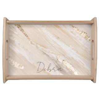 Modern Elegant Gold Marble Personalized Name Serving Tray