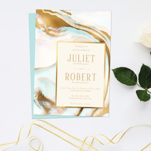 Modern Elegant Gold Mint Green Marble Wedding Invitation