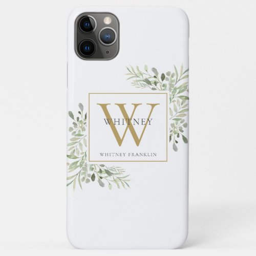 Modern Elegant Gold Monogram Greenery iPhone 11 Pro Max Case