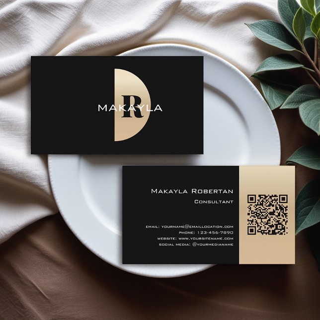 Modern Elegant Gold Monogram QR Code Business Card (Get these personalized business cards with a convenient QR code and modern design.)