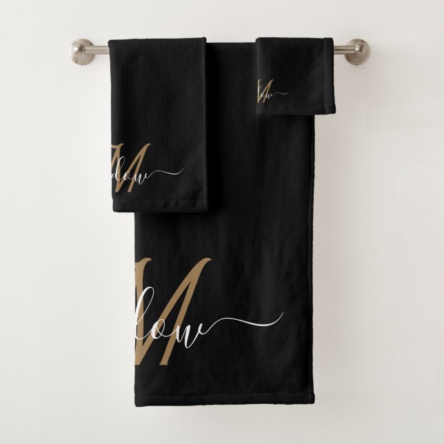 Modern elegant Gold Monogram Script Name Bath Towel Set (Insitu)