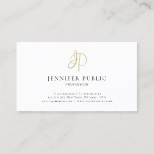 Modern Elegant Gold Monogram Sleek White Plain Business Card