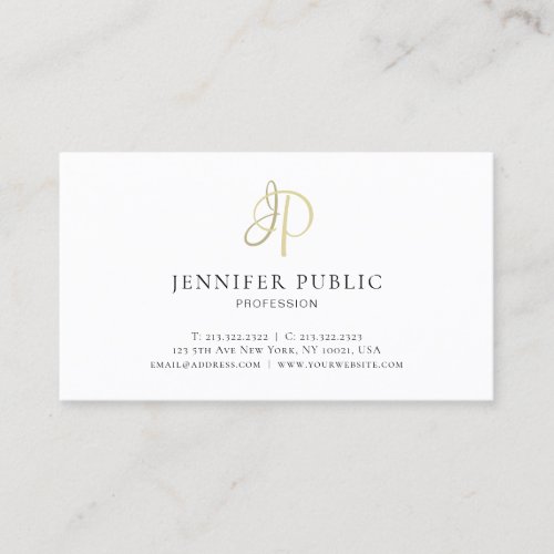 Modern Elegant Gold Monogram Sleek White Plain Business Card