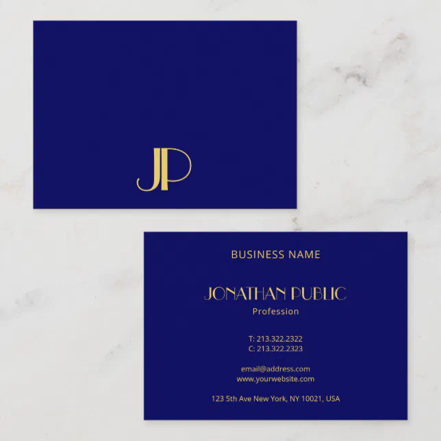 Modern Elegant Gold Monogram Template Navy Blue Business Card | Zazzle
