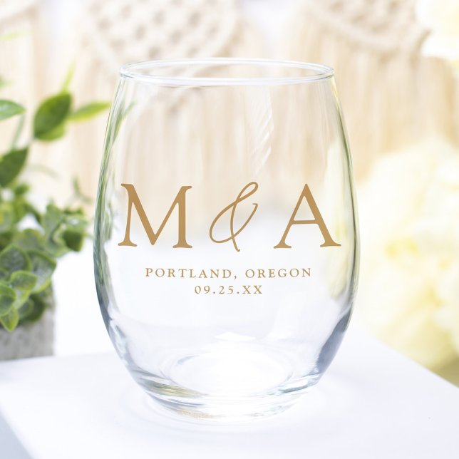 Modern Elegant Gold Monogram Wedding Favor Stemless Wine Glass (Creator Uploaded)