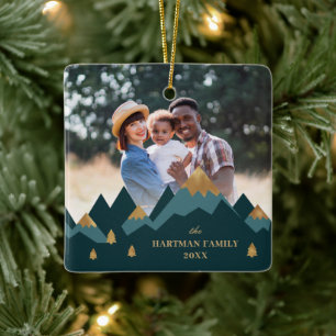 Modern Elegant Gold Mountains Photo Christmas Ceramic Ornament