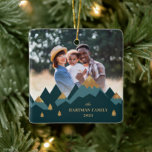 Modern Elegant Gold Mountains Photo Christmas   Ceramic Ornament<br><div class="desc">This unique photo Christmas ornament features a modern mountain range design at the bottom of the ornament,  including faux gold foil elements.  The front and back contain the same design. Perfect for displaying a family photo to commemorate the year!</div>
