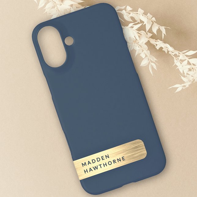 Modern Elegant Gold Navy Blue Faux Brushed Metal Case-Mate iPhone Case (Creator Uploaded)