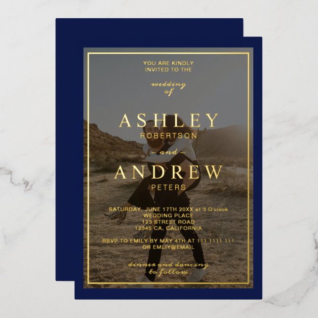 Modern elegant gold navy blue photo wedding foil invitation (Front/Back)