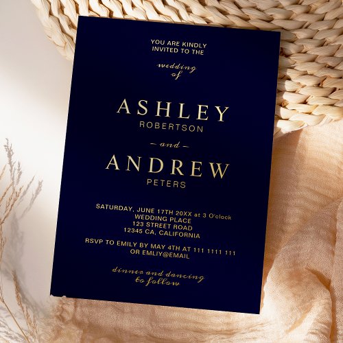 Modern elegant gold navy blue typography wedding foil invitation