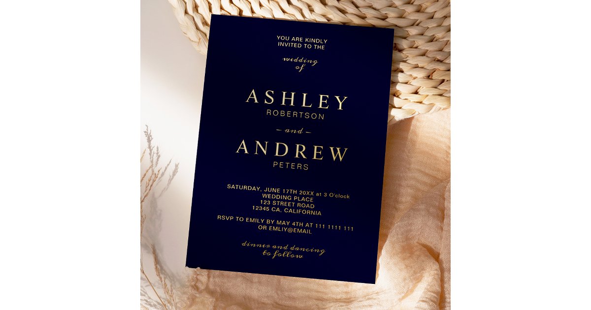 Modern elegant gold navy blue typography wedding foil invitation | Zazzle