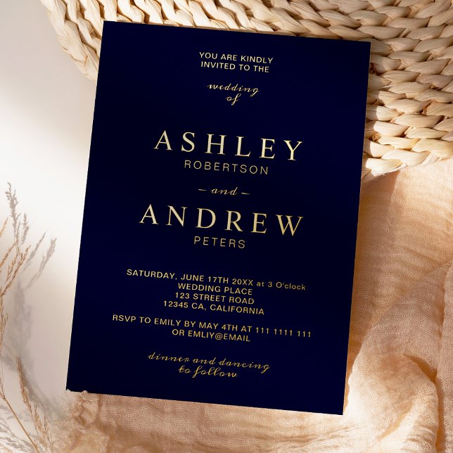 Modern elegant gold navy blue typography wedding foil invitation (Creator Uploaded)