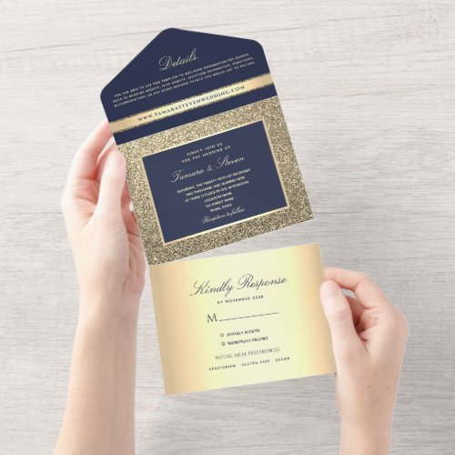 Modern Elegant Gold Navy Blue Wedding All In One Invitation