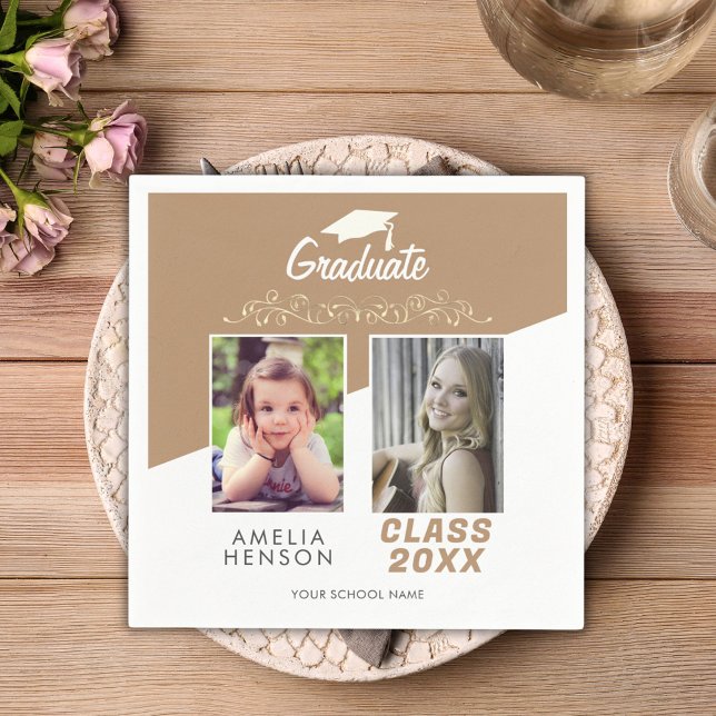 Modern Elegant Gold Ornament 2 Photo Graduation Napkins (Creator Uploaded)