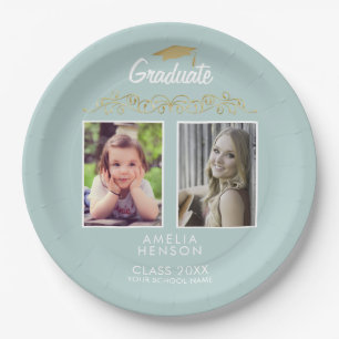 Modern Elegant Gold Ornament 2 Photo Graduation Paper Plates