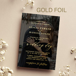 Modern elegant gold overlay photo black wedding foil invitation