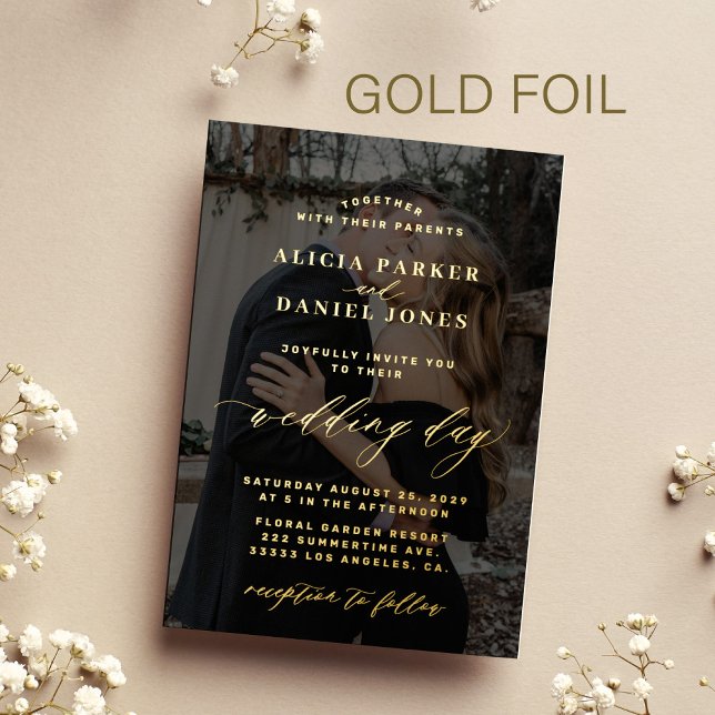 Modern elegant gold overlay photo black wedding foil invitation (Creator Uploaded)