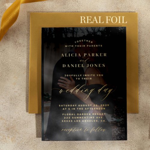 Modern elegant gold overlay photo black wedding foil invitation