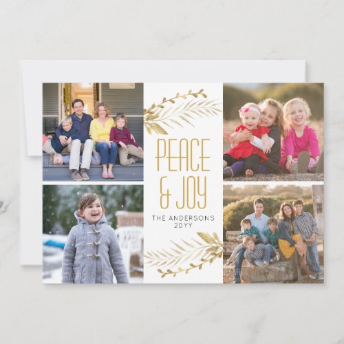 Modern Elegant Gold Peace Joy Christmas 5 Photo Holiday Card