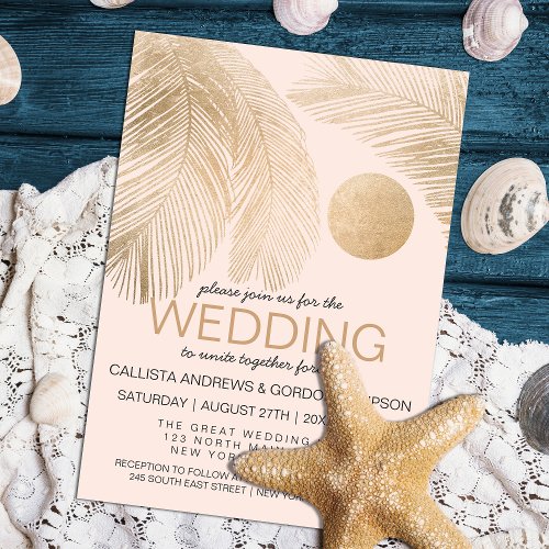 Modern Elegant Gold Pink Palm Tree Leaf Wedding Invitation