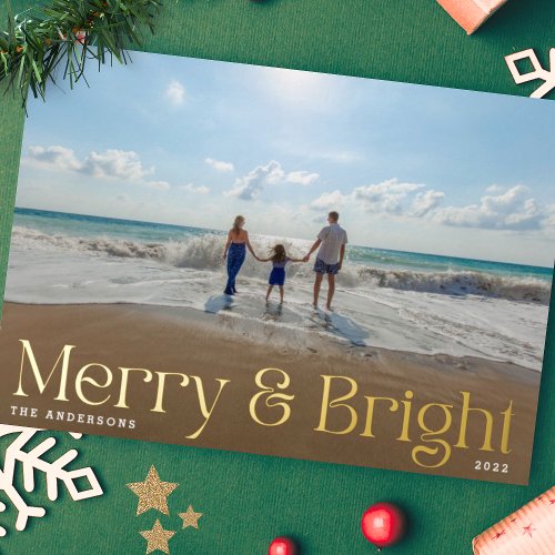 Modern Elegant Gold Pressed Photo Merry and Bright Foil Holiday Card