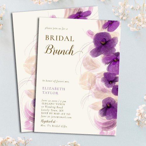 Modern Elegant Gold Purple Orchids Bridal Brunch Invitation