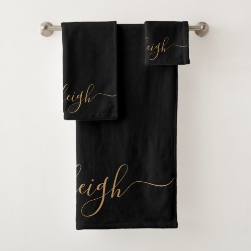 Modern Elegant Gold Script Name Black Bath Towel Set