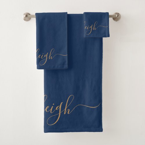 Modern Elegant Gold Script Name Navy Blue Bath Towel Set