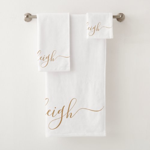 Modern Elegant Gold Script Name White Bath Towel Set
