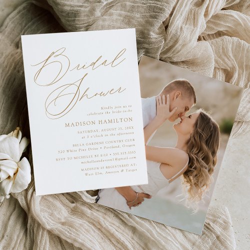 Modern Elegant Gold Script Photo Bridal Shower Invitation