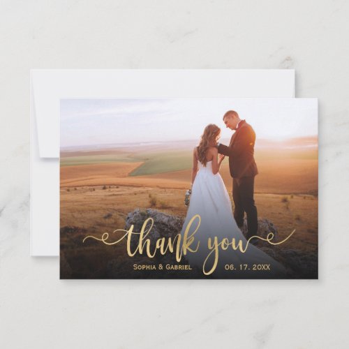 Modern Elegant Gold Script Photo Overlay Wedding  Thank You Card