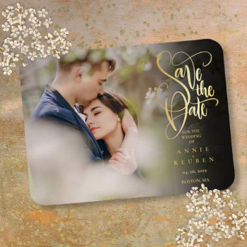 Modern Elegant Gold Script Photo Save The Date Magnet by thisisnotmedesigns at Zazzle