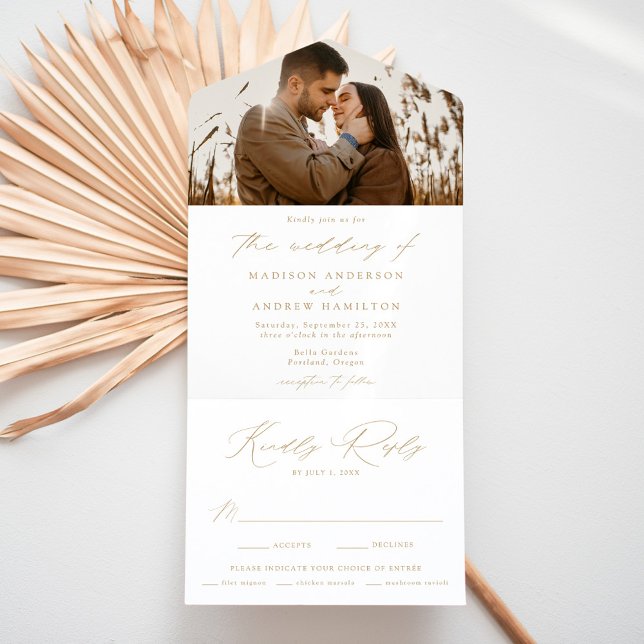 Modern Elegant Gold Script Photo Wedding All In One Invitation (Creator Uploaded)