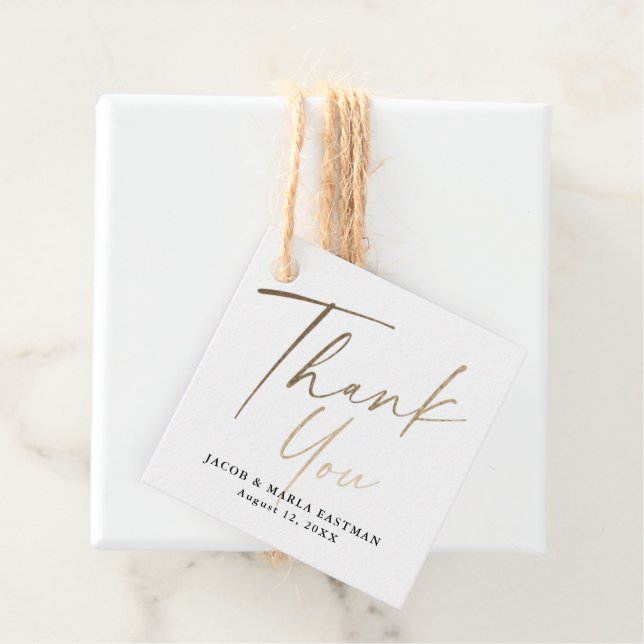 Modern Elegant Gold Script Wedding Thank You Favor Tags (In Situ)