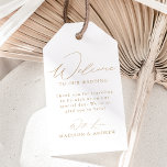 Modern Elegant Gold Script Wedding Welcome Gift Tags<br><div class="desc">These elegant calligraphy wedding welcome gift tags are perfect for both casual and formal weddings. The design features a modern gold calligraphy script with a white background or color of your choice. Personalize the gold wedding welcome gift tags with a short welcome message, your names, etc. The minimalist wedding gift...</div>