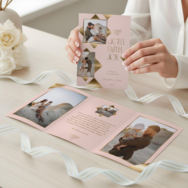 Modern Elegant Gold Star Family Photos Hanukkah Tri-Fold Holiday Card (Modern Elegant Gold Star Family Photos Hanukkah Tri-Fold Holiday Card3a)