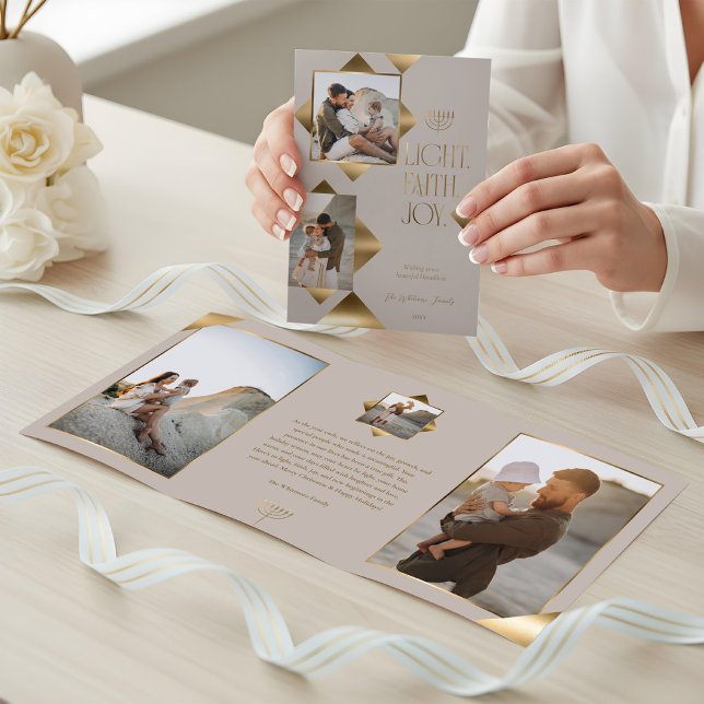 Modern Elegant Gold Star Family Photos Hanukkah Tri-Fold Holiday Card (Modern Elegant Gold Star Family Photos Hanukkah Tri-Fold Holiday Card)