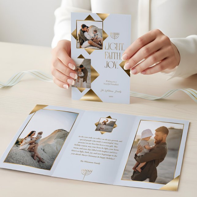 Modern Elegant Gold Star Family Photos Hanukkah Tri-Fold Holiday Card (Modern Elegant Gold Star Family Photos Hanukkah Tri-Fold Holiday Card)
