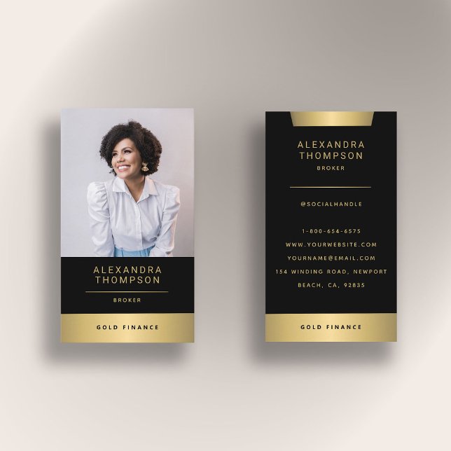 Modern Elegant Gold Stripe CEO Professional Photo Business Card (real estate photo business card black gold elegant simple modern professional broker agent)