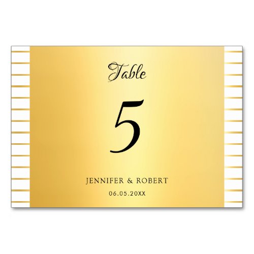 Modern Elegant Gold Striped Handwritten Script Table Number