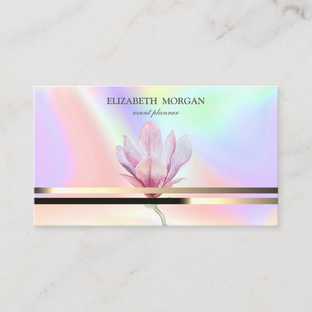 Modern Elegant Gold Stripes Magnolia Holographic  Business Card (Front)