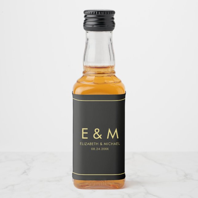 Modern Elegant Gold Text Monogram Save the Date Liquor Bottle Label (Front)
