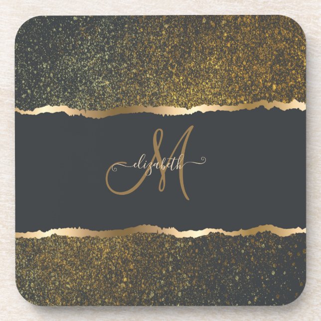 Modern Elegant Gold Touch Monogram Beverage Coaster (Front)